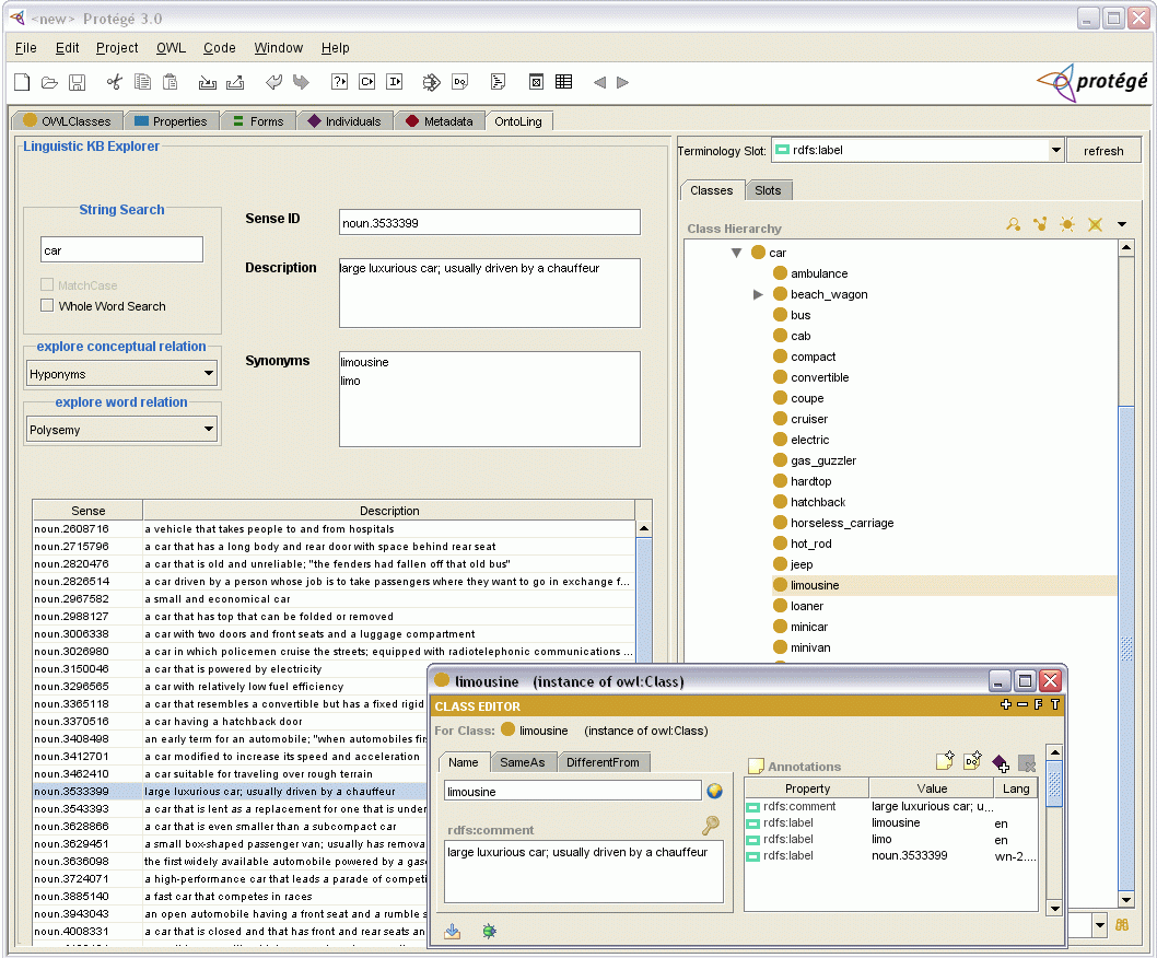view of an OWL concept with a gloss added to owl:comment, two terms added as owl:labels and a wordnet synset reported as a label too. (130 KBytes)